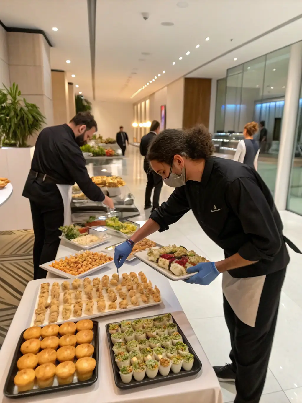 A catering team setting up a buffet with various small bites and appetizers for a corporate event, showcasing the full event catering service.