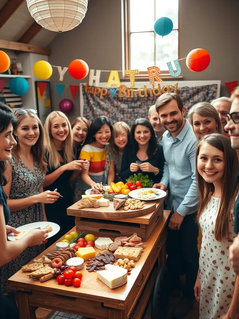 Happy guests gathered around a charcuterie cart at a birthday party, enjoying the food and socializing, capturing the joyful atmosphere.