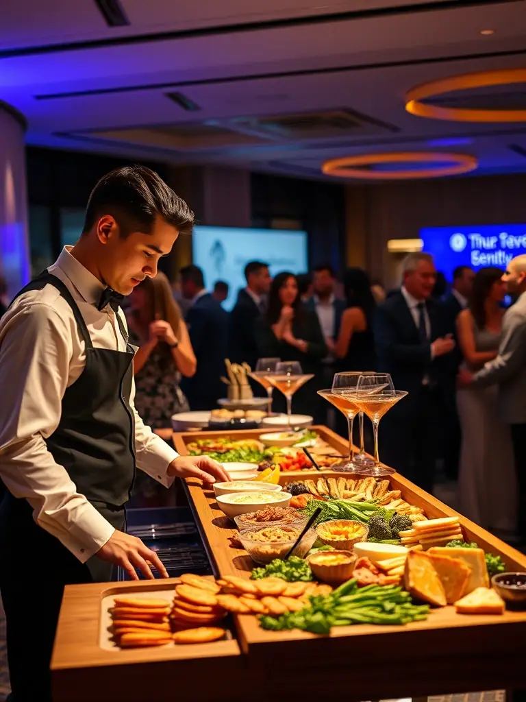 A charcuterie cart being set up at a corporate event, with catering staff interacting with attendees and offering personalized recommendations.