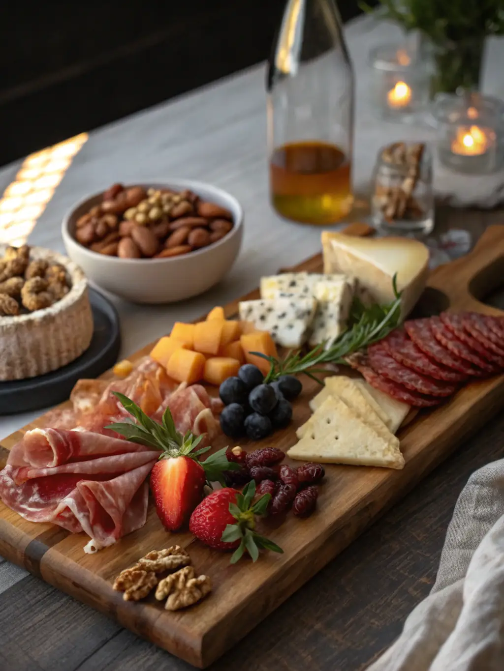 A close-up shot of a personalized charcuterie board with a variety of cheeses, meats, and fruits, tailored to a specific client's preferences.