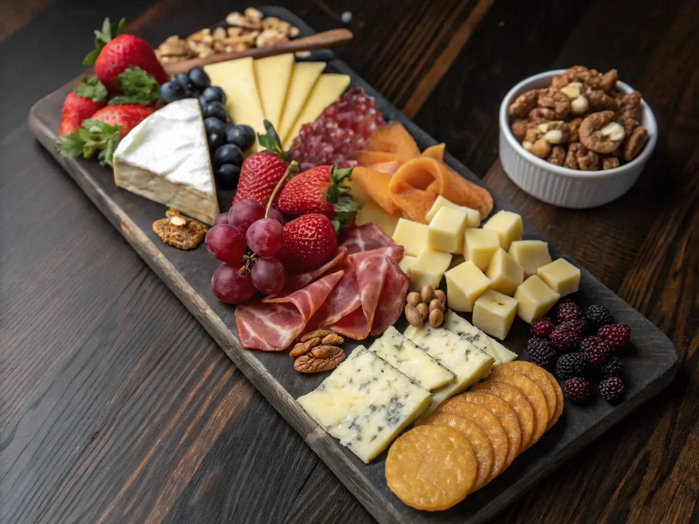 A beautifully arranged charcuterie board featuring a variety of cured meats, artisanal cheeses, fresh fruits, and nuts, set against a dark wooden background with soft, natural lighting.