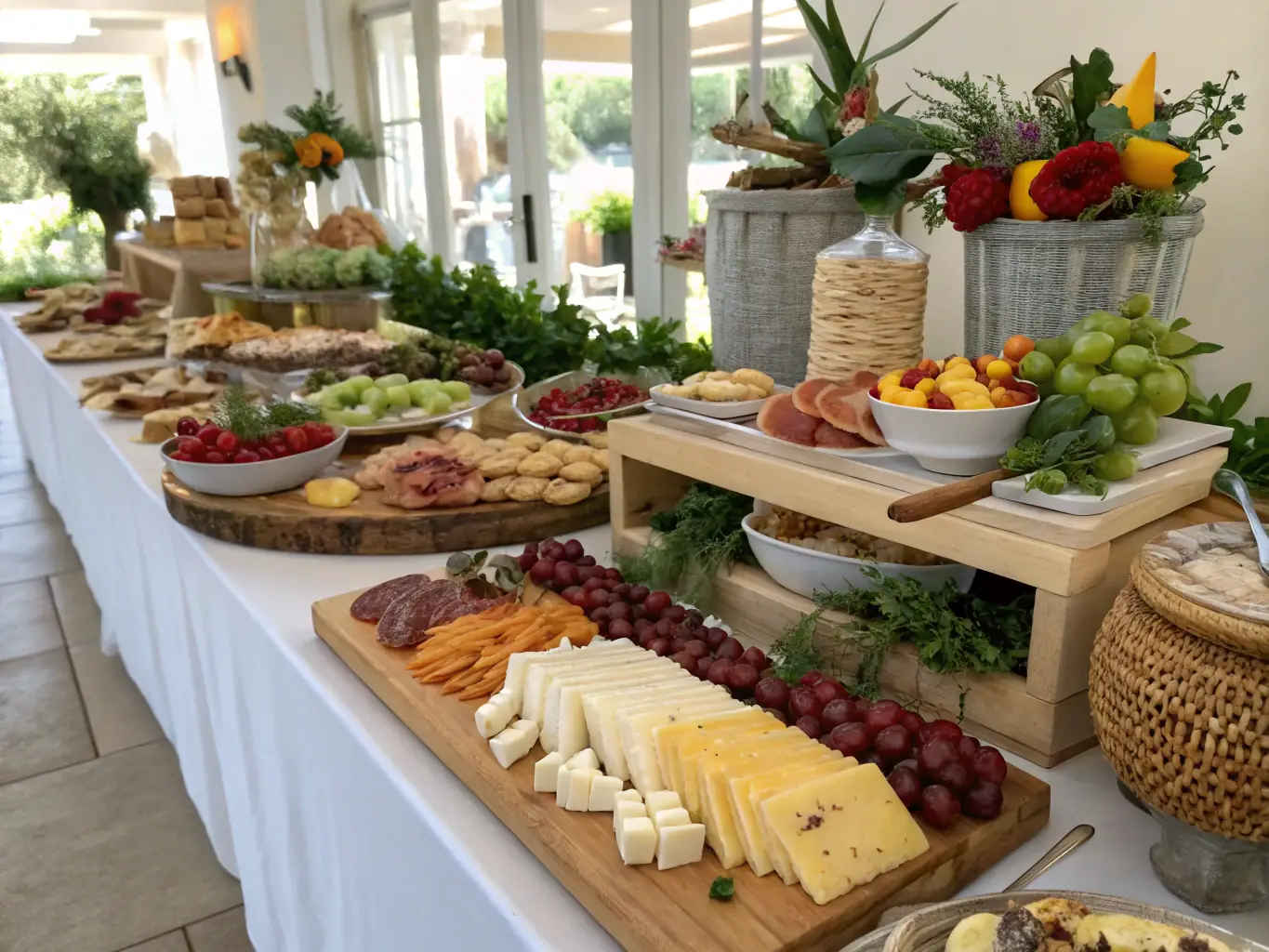 A vibrant grazing table overflowing with colorful fruits, vegetables, cheeses, dips, and breads, arranged in an aesthetically pleasing manner with various heights and textures.