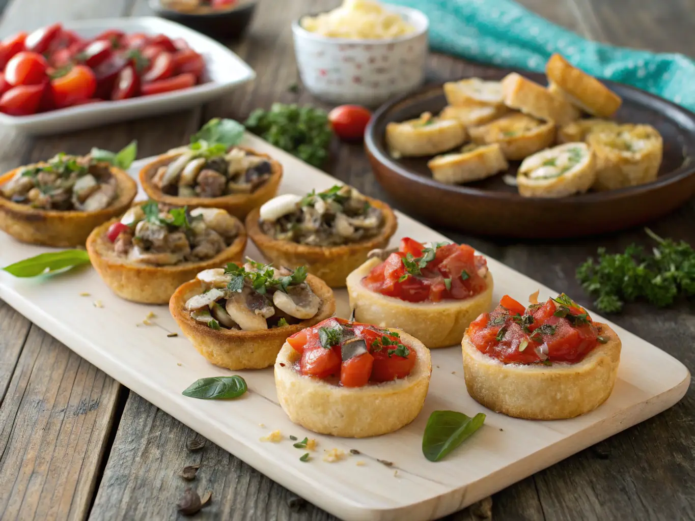 A selection of elegant small bites, including mini quiches, bruschetta, and skewers, displayed on a tiered serving platter with a blurred background of a sophisticated event.
