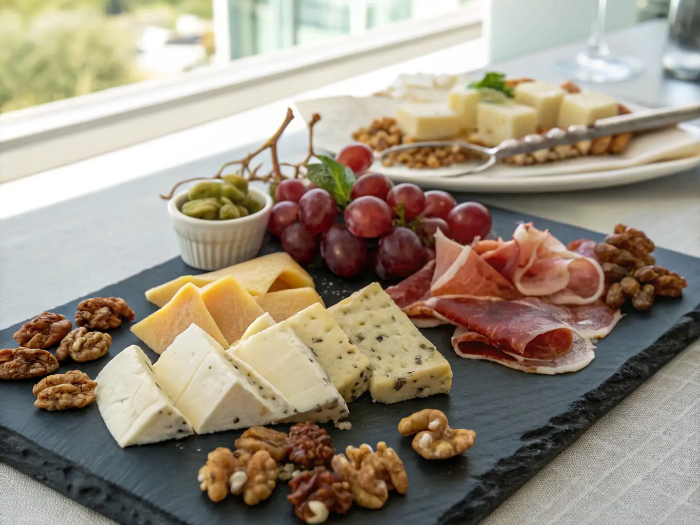 A vibrant grazing table overflowing with an assortment of cheeses, charcuterie, fresh fruits, vegetables, dips, and artisanal breads. The table is set in a bright, airy space, ideal for a relaxed and social gathering.