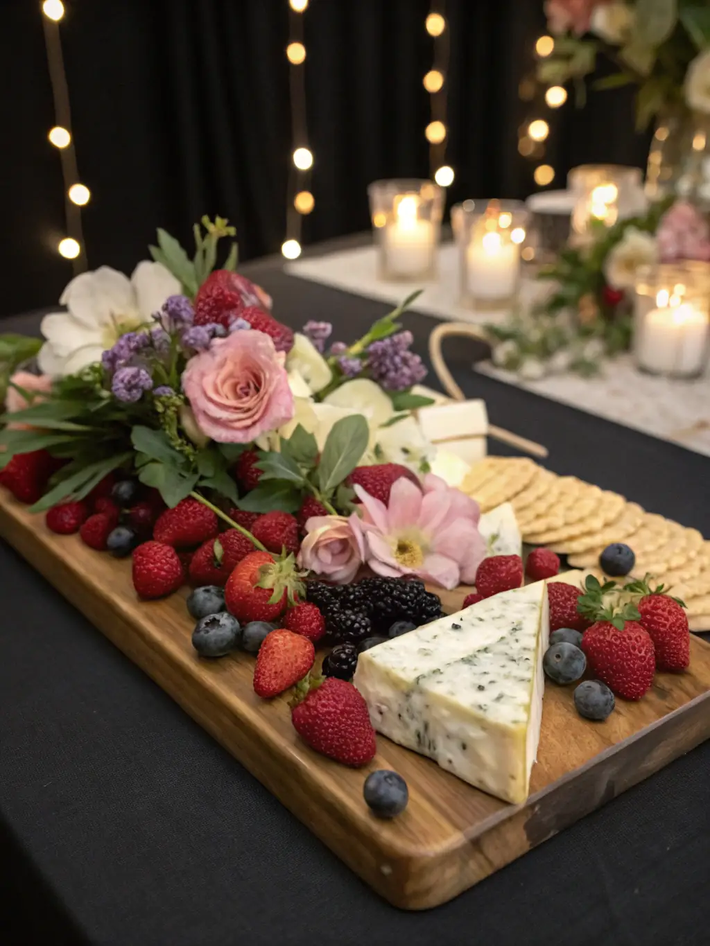 A close-up shot of a charcuterie cart at a wedding reception, showcasing the elegant presentation and high-quality ingredients, emphasizing the romantic atmosphere.