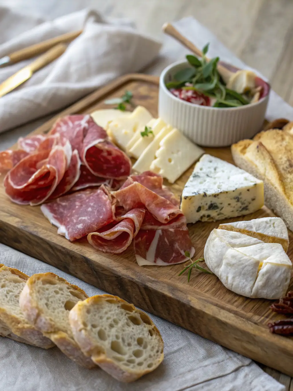 A diverse selection of cheeses, meats, fruits, and crackers on a charcuterie board, highlighting the variety and quality of ingredients used by Kickshaws Catering Co.