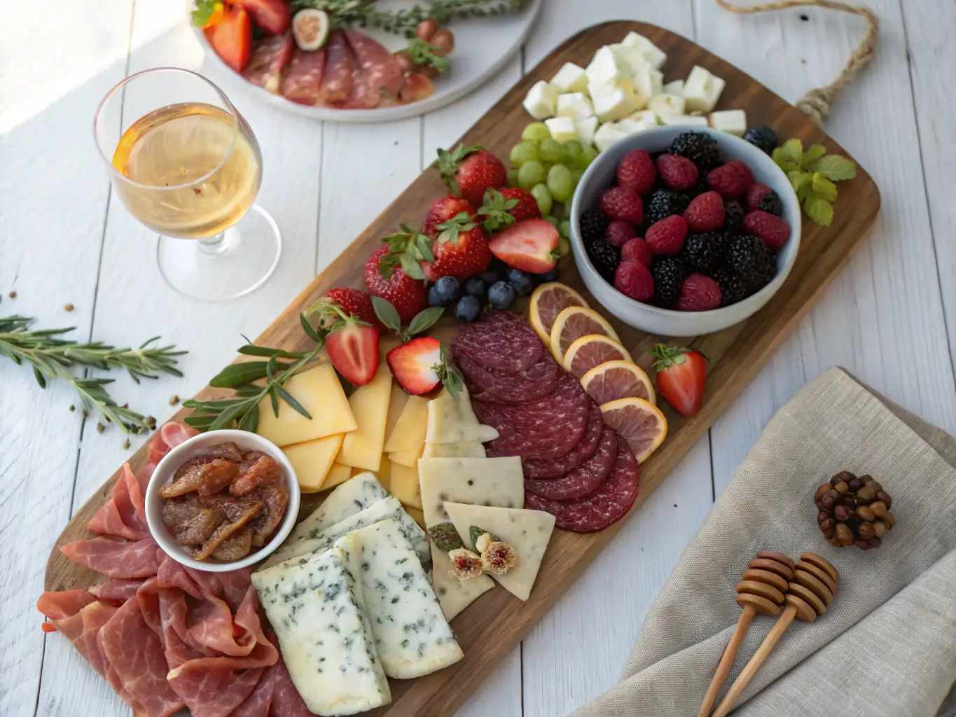 A beautifully arranged charcuterie board featuring a variety of cheeses, cured meats, fruits, and nuts, artfully displayed on a wooden board with elegant serving utensils. The setting is a well-lit event space, suggesting a sophisticated gathering.
