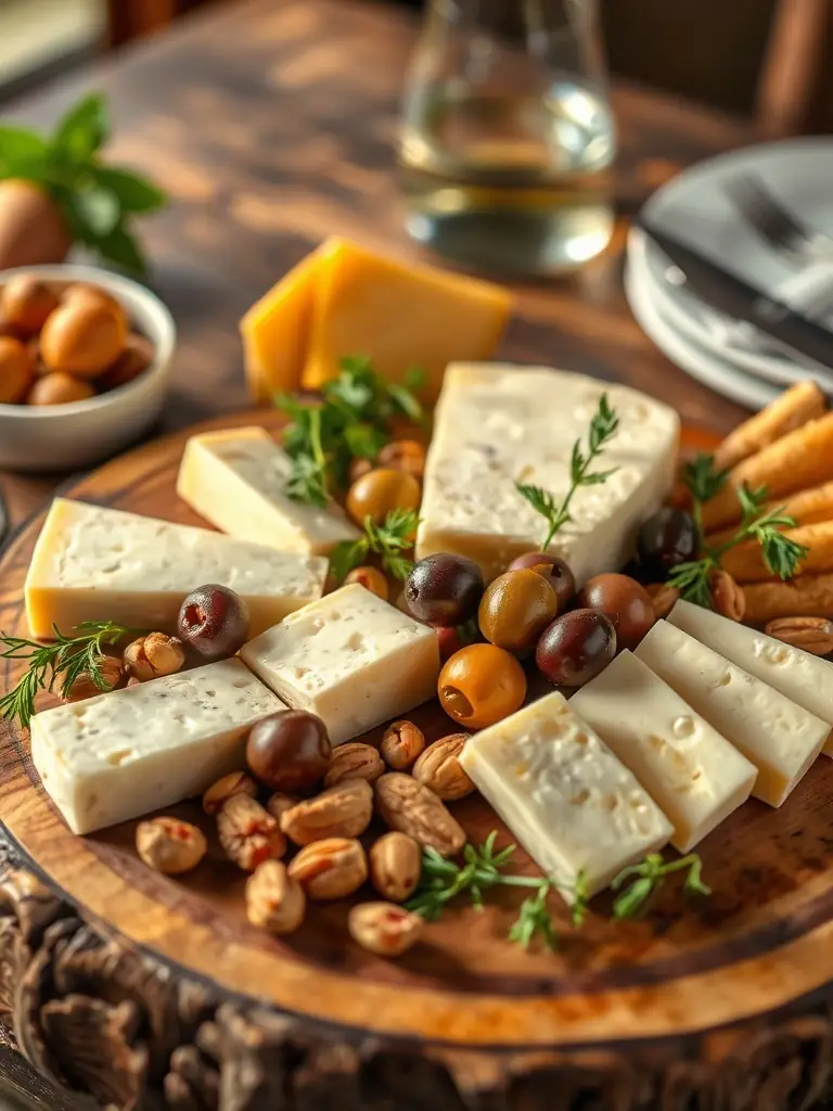 A beautifully arranged grazing table featuring a variety of cheeses, meats, fruits, and crackers, set up for a small gathering. The image should convey elegance and attention to detail.