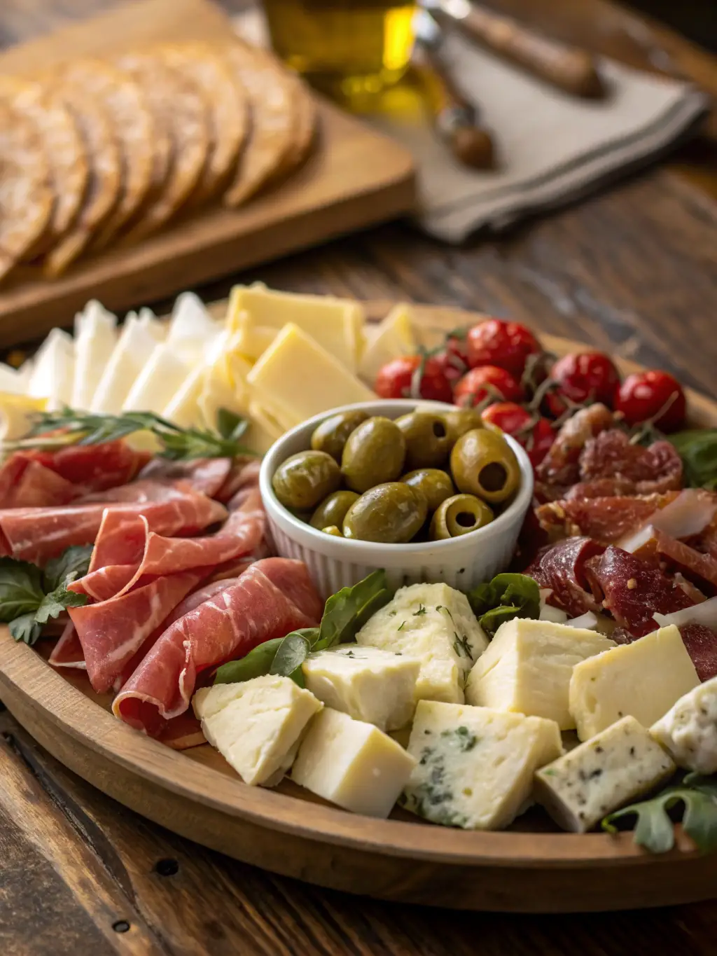 A close-up shot of a server from Kickshaws Catering Co. offering a selection of gourmet cheeses and meats to a guest at a corporate event, emphasizing the personalized service.