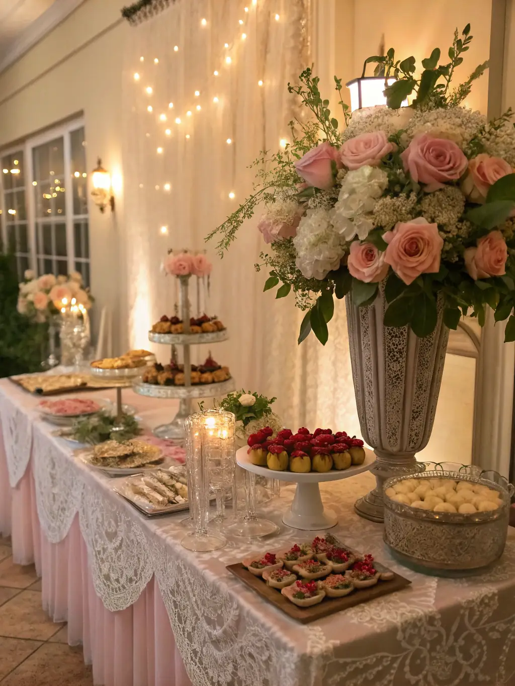 A stylish charcuterie cart adorned with flowers and elegant decorations, surrounded by guests enjoying the food and ambiance at a wedding reception catered by Kickshaws Catering Co.