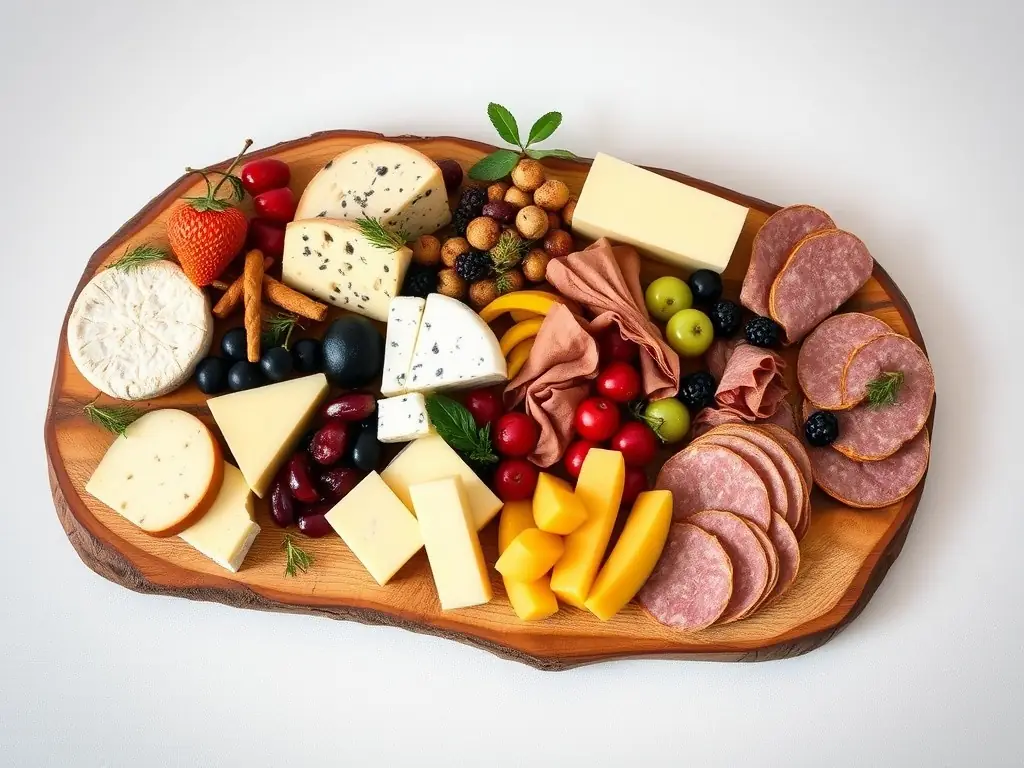 A high-angle, detailed shot of a charcuterie board featuring a variety of cheeses, cured meats, fruits, and nuts, artfully arranged on a wooden board. The lighting is soft and natural, highlighting the textures and colors of the ingredients. The board is set on a rustic wooden table with a blurred background of a celebratory event.