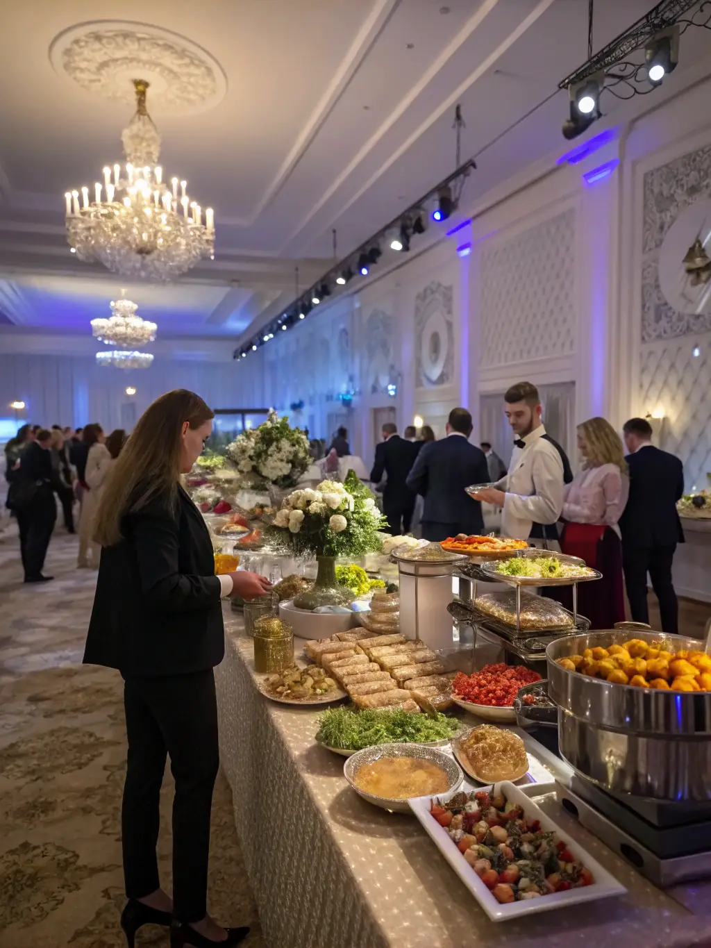 A larger grazing table with more elaborate decorations, including floral arrangements and a wider variety of gourmet foods, set up for a medium-sized event.
