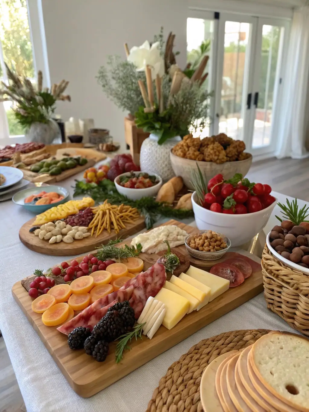 A grazing table filled with an abundance of colorful and delicious food items, including fruits, vegetables, cheeses, and desserts, at a private party catered by Kickshaws Catering Co.