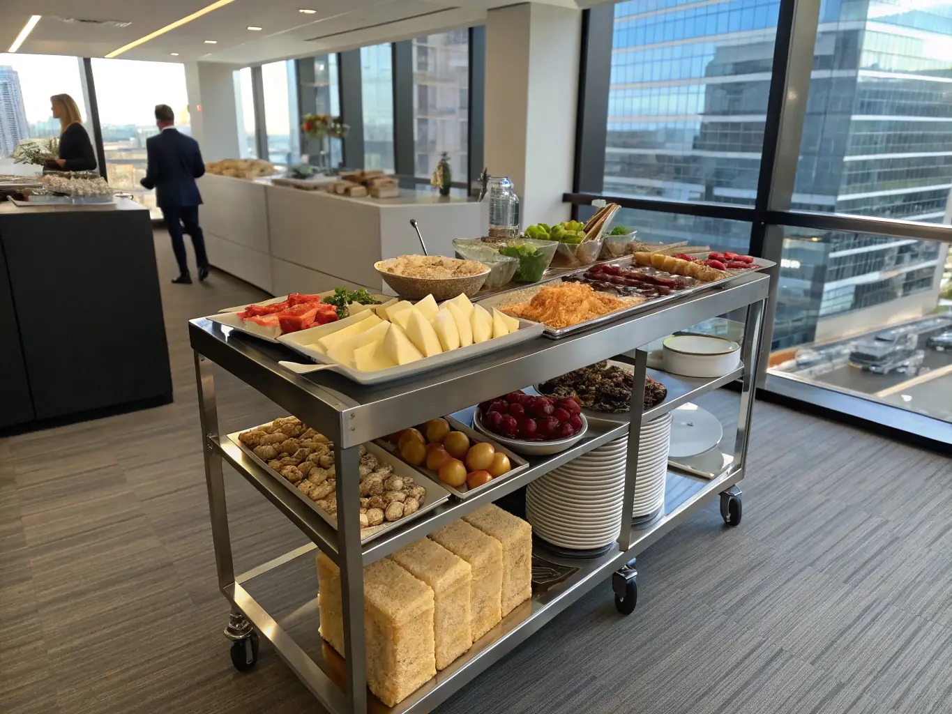 A close-up shot of a charcuterie cart, showcasing its elegant design and the variety of ingredients it holds. The cart is adorned with fresh herbs and flowers, adding a touch of sophistication. A caterer is seen arranging items on the cart, ensuring everything is perfectly presented.